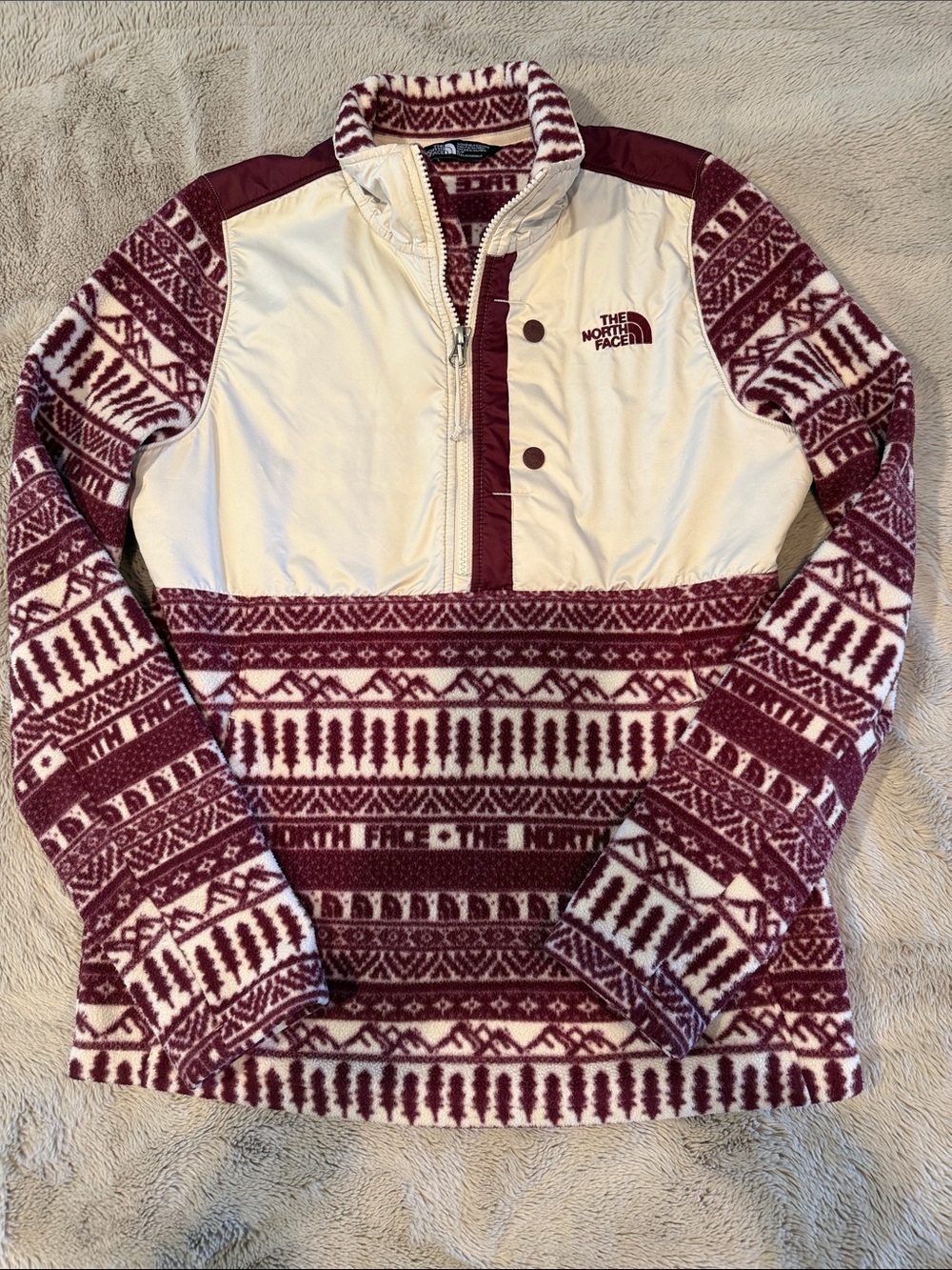 The North Face Burgundy & Cream Patterned Half-Zip Fleece Pullover